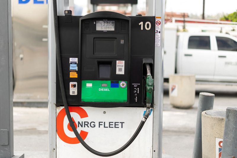 The price of diesel fuel on a pump at a corporate filling station in San Diego, California, U.S., May 18, 2026.  REUTERS/Mike Blake