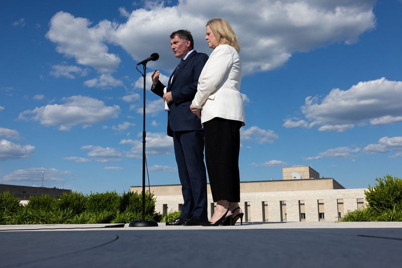 The Canadian minister responsible for Canada-U.S. relations, Dominic LeBlanc, and Canada's chief trade negotiator to the United States, Janice Charette, speak to the media at the Embassy of Canada in Washington, D.C., U.S., June 2, 2026. REUTERS/Anna Rose Layden