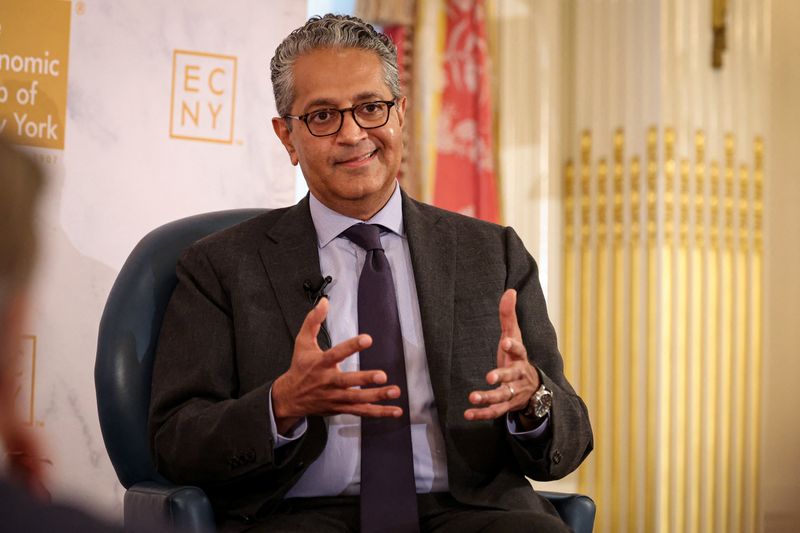Salim Ramji, CEO of Vanguard, speaks to The Economic Club of New York in New York City, U.S., April 23, 2026. REUTERS/Brendan McDermid