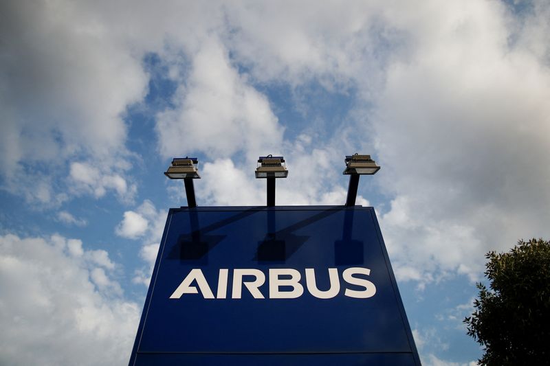 FILE PHOTO: An Airbus sign is seen at the entrance of its factory in Blagnac near Toulouse, July 1, 2020. REUTERS/Benoit Tessier/File Photo