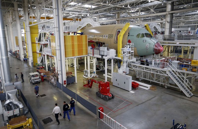 General view of the Airbus A350 XWB production line at Airbus headquarters in Toulouse, southwestern France, June 16, 2014. REUTERS/Regis Duvignau