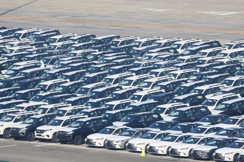View of a parking lot with new cars for export, at the Belgian port of Zeebrugge, Belgium February 14, 2023. REUTERS/Yves Herman/Pool