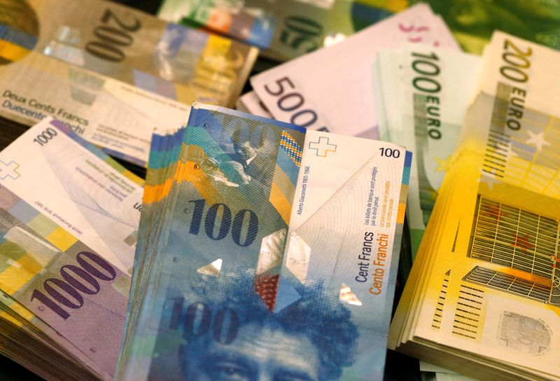 FILE PHOTO: Swiss Franc and Euro banknotes of several values lie on a table in a Swiss bank in Bern November 25, 2014. REUTERS/Ruben Sprich/File Photo