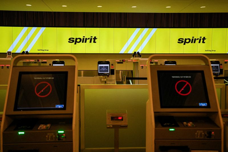 A Spirit Airlines self bag-drop counter at Orlando International Airport, as the airline announced it was ceasing operations early Saturday morning following an impasse in talks with some creditors on a $500 million government bailout plan, in Orlando, Florida, U.S., May 2, 2026. REUTERS/Miguel Rodriguez