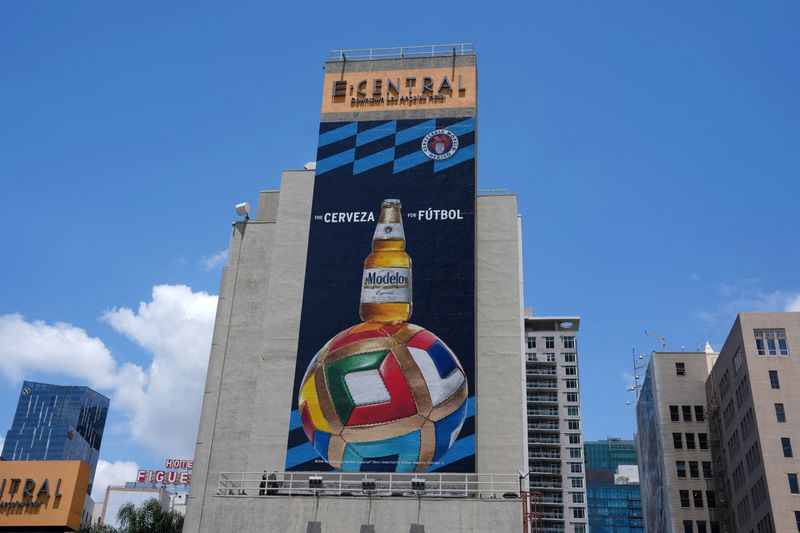 May 28, 2026; Los Angeles, CA, USA; A Modelos beer advertisement  for the FIFA World Cup 2026 at the E-Central Los Angeles hotel. Mandatory Credit: Kirby Lee-Imagn Images
