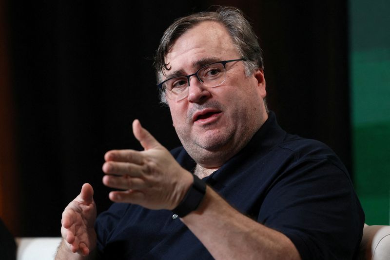 FILE PHOTO: Reid Hoffman, partner at Greylock; co-founder of LinkedIn and co-founder of Infection AI,  speaks during the Axios BFD event in New York City, U.S., October 12, 2023. REUTERS/Brendan McDermid/File Photo