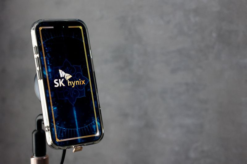 The SK Hynix logo is displayed on a phone at the annual Computex in Taipei, Taiwan, June 2, 2026. REUTERS/Ann Wang