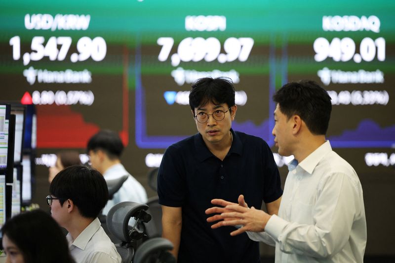Currency dealers talk in front of an electronic board displaying the exchange rate between the U.S. dollar and South Korean won, the Korea Composite Stock Price Index (KOSPI) and South Korean won and the Korea Securities Dealers Automated Quotations (KOSDAQ) at the dealing room of a bank in Seoul, South Korea, June 8, 2026.   REUTERS/Kim Hong-Ji