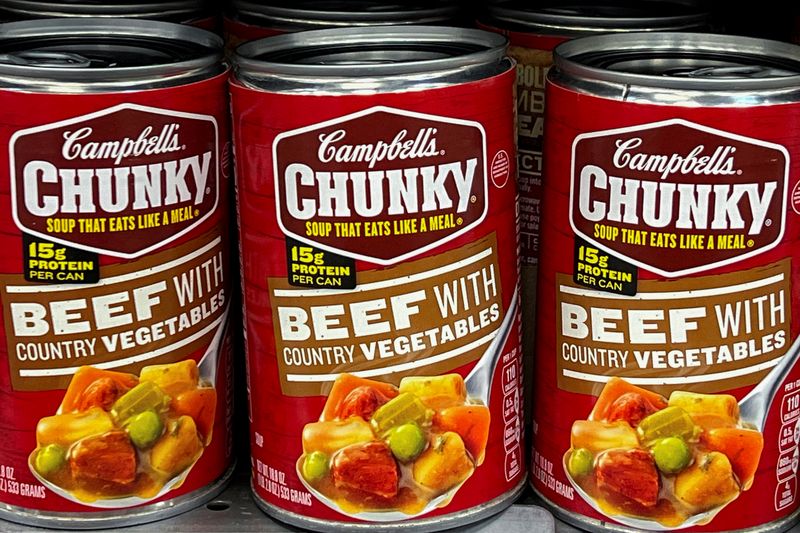 FILE PHOTO: Cans of Campbell's chunky beef soup line a supermarket shelf in Bellingham, Washington, U.S. April 25, 2024. REUTERS/Chris Helgren/File Photo