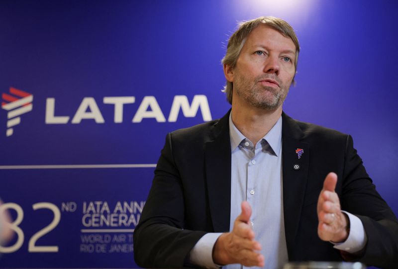 LATAM Airlines Brasil CEO Jerome Cadier speaks during an interview session at the International Air Transport Association (IATA) Annual General Meeting in Rio de Janeiro, Brazil, June 8, 2026. REUTERS/Ricardo Moraes