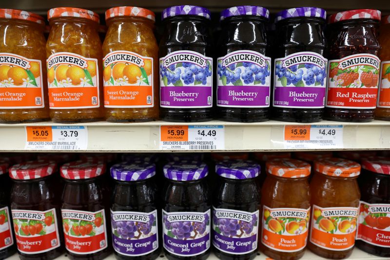 A range of Smucker's marmalade, preserves and jelly, a brand owned by The J.M. Smucker Company, is seen for sale in a store in Manhattan, New York City, U.S., November 22, 2021. REUTERS/Andrew Kelly