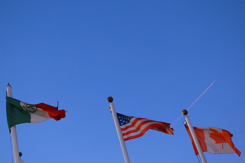The flags of Mexico, the United States and Canada fly in Ciudad Juarez, Mexico February 1, 2025. REUTERS/Jose Luis Gonzalez