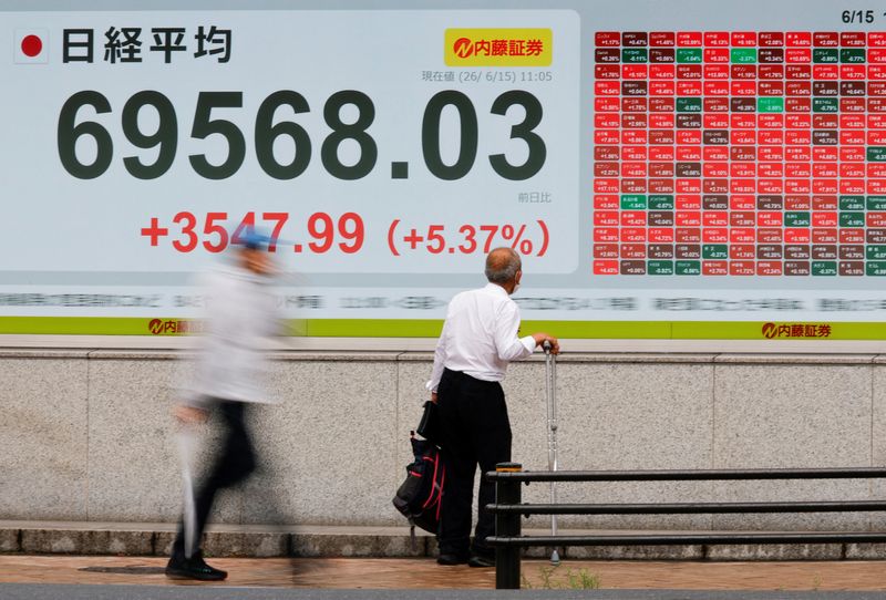 A man looks at a stock quotation board showing the Nikkei share average outside a brokerage in Tokyo, Japan, June 15, 2026. Picture taken with slow shutter speed. REUTERS/Kim Kyung-Hoon