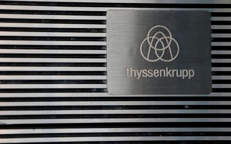 Thyssenkrupp's logo is seen in the elevator test tower in Rottweil, Germany, January 21, 2020. REUTERS/Michaela Rehle