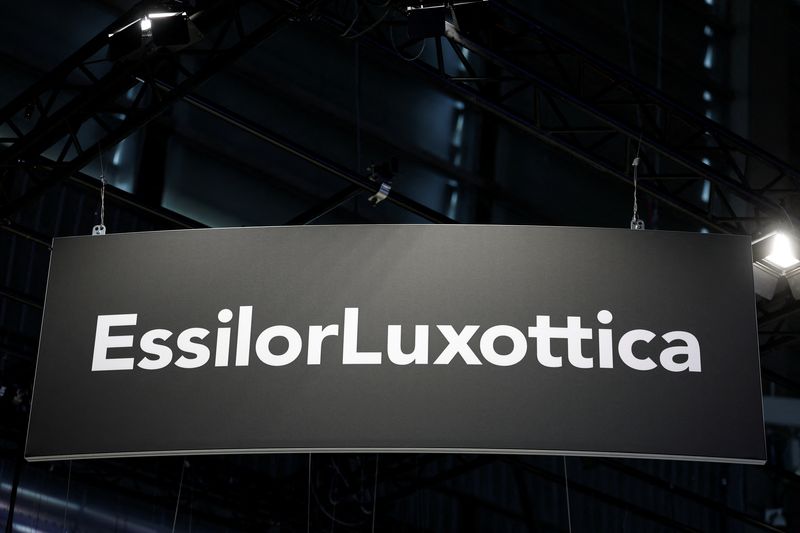 The logo of EssilorLuxottica is seen during the Viva Technology conference dedicated to innovation and startups at Porte de Versailles exhibition center in Paris, France, June 12, 2025. REUTERS/Benoit Tessier