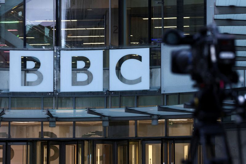 FILE PHOTO: The BBC logo outside the BBC Broadcasting House after Director General of BBC Tim Davie and Chief Executive of BBC News Deborah Turness resigned following accusations of bias at the British broadcaster, including in the way it edited a speech by U.S. President Donald Trump, in London, Britain, November 10, 2025. REUTERS/Jack Taylor/File Photo