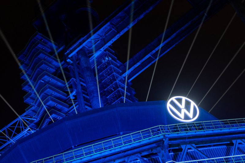 A logo of Volkswagen appears on the illuminated preserved blast furnace during the company’s event at Shougang park in Beijing, China, April 8, 2026. REUTERS/Maxim Shemetov