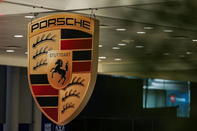 A Porsche logo is displayed during the New York International Auto Show in New York City, U.S., April 1, 2026. REUTERS/Jeenah Moon