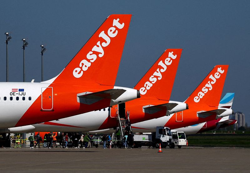 FILE PHOTO: Passengers board an easyJet aircraft at the Berlin Brandenburg Airport in Schoenefeld, Germany, April 21, 2026. REUTERS/Lisi Niesner/File Photo