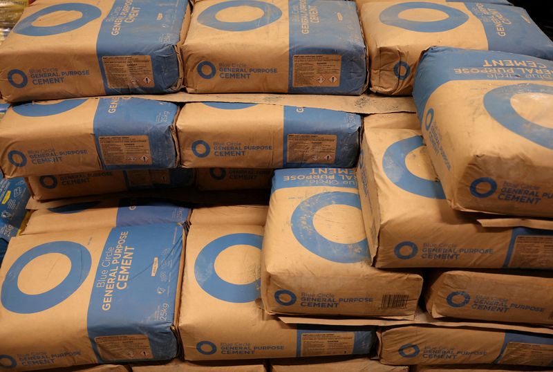 Bags of Blue Circle cement, a CRH brand, are seen inside a DIY retail store in Manchester, Britain, June 14, 2024. REUTERS/Phil Noble