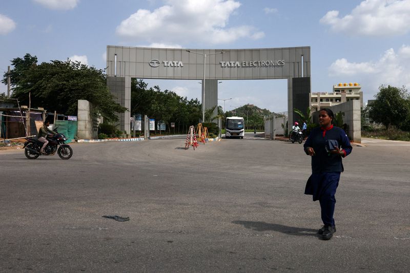 FILE PHOTO: The entrance to the Tata Electronics components factory for Apple's iPhone in southern India, Hosur, Tamil Nadu, India, June 15, 2026. REUTERS/Priyanshu Singh/File Photo