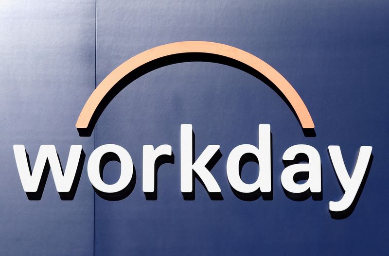 The logo of Workday is seen at the entrance of the company's temporary stand ahead of the World Economic Forum (WEF) in Davos, Switzerland January 18, 2025. REUTERS/Yves Herman
