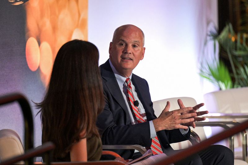 Reuters U.S. Power Correspondent Laila Kearney speaks with Consolidated Edison CEO Tim Cawley during Reuters Global Energy Forum in New York City, U.S., June 23, 2026    Julian Guidera/Handout via REUTERS