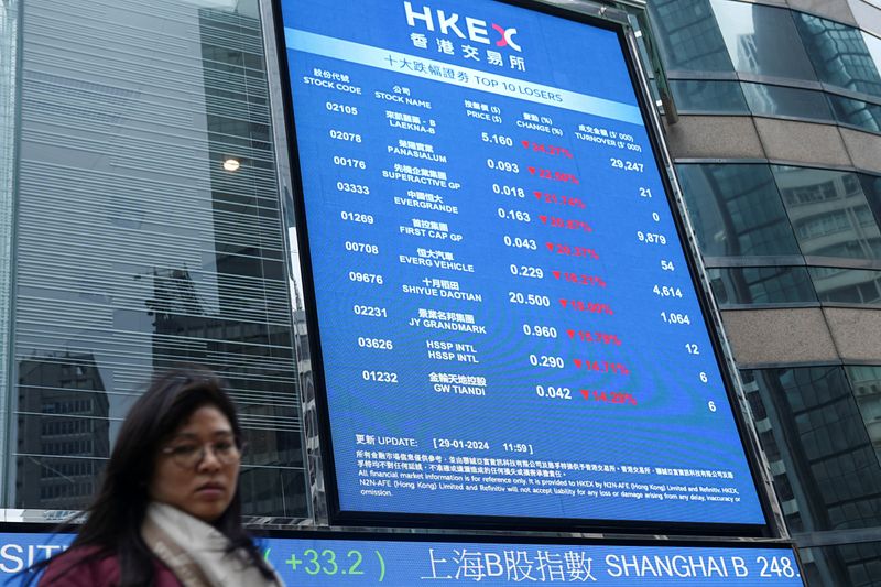 A woman walks in front of a screen displaying Evergrande's stock prices among others outside the Exchange Square, after a court ordered the liquidation of China Evergrande Group, in Hong Kong, China January 29, 2024. REUTERS/Lam Yik/File Photo