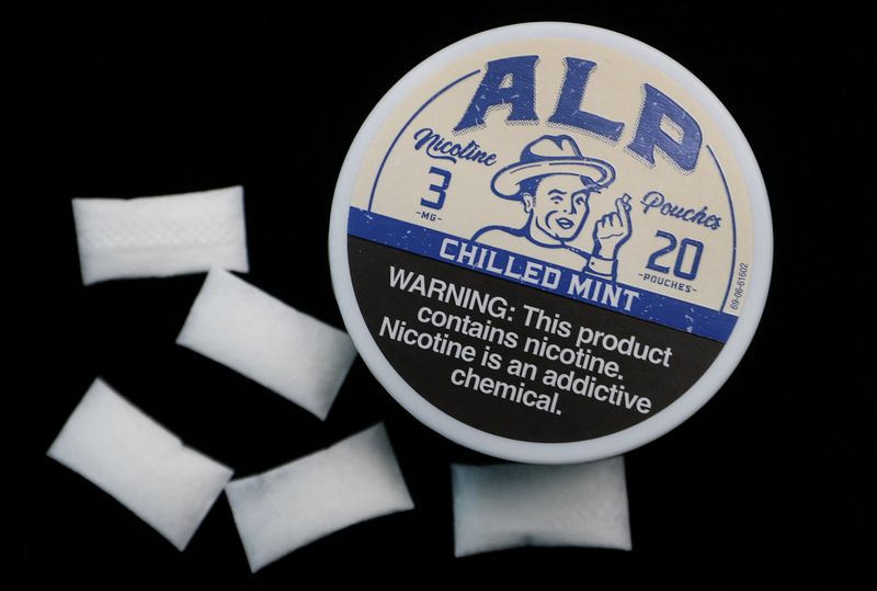 A package of Alp nicotine pouches in a photo illustration in New York City, U.S., March 27, 2026. REUTERS/Mike Segar
