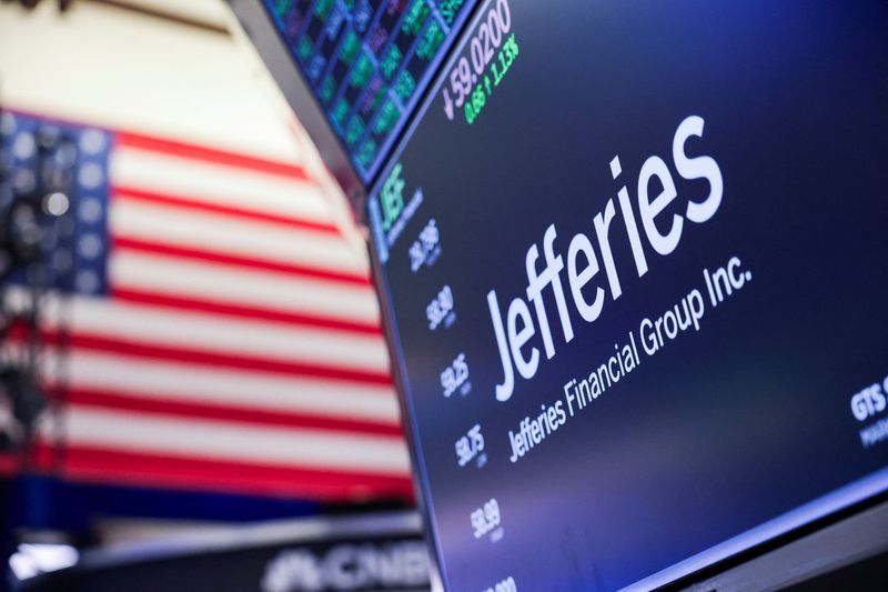 The company logo for Jefferies Financial Group Inc. is displayed on a screen on the floor of the New York Stock Exchange (NYSE) in New York, U.S., July 30, 2025. REUTERS/Jeenah Moon