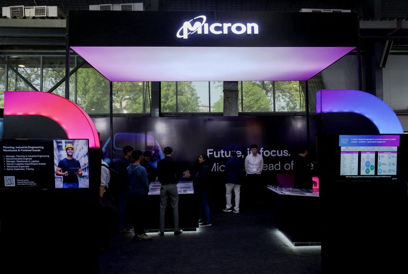 The logo of Micron Technology is pictured in a stall at the Vibrant Gujarat Global Trade Show at Gandhinagar, India, January 11, 2024. REUTERS/Amit Dave