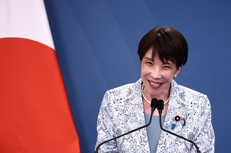 Japanese Prime Minister Sanae Takaichi gives a press statement with Italian Prime Minister Giorgia Meloni (not pictured) after their meeting at Villa Doria Pamphilj in Rome, Italy, June 15, 2026. REUTERS/Guglielmo Mangiapane