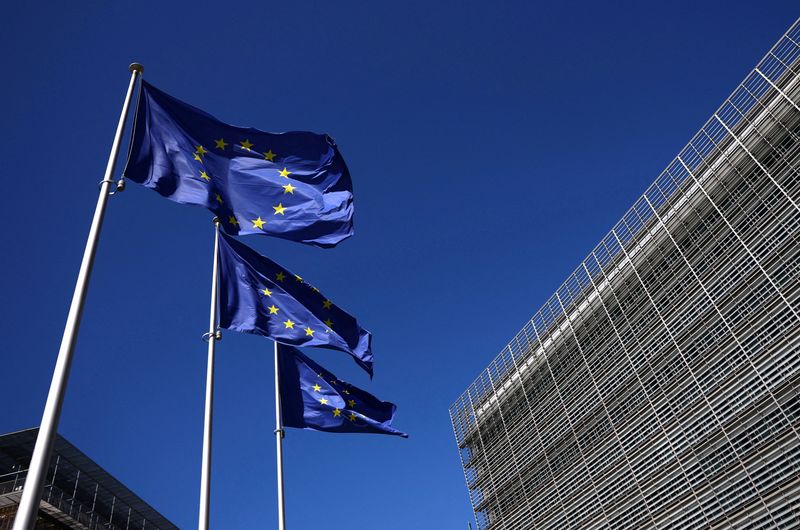 FILE PHOTO: European Union flags flutter outside the European Commission headquarters in Brussels, Belgium April 29, 2026. REUTERS/Yves Herman/File Photo