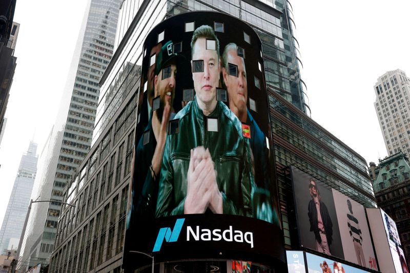 A live feed shows SpaceX CEO Elon Musk on the day of SpaceX's initial public offering (IPO) at the Nasdaq MarketSite, in New York City, U.S., June 12, 2026. REUTERS/Jeenah Moon//File Photo