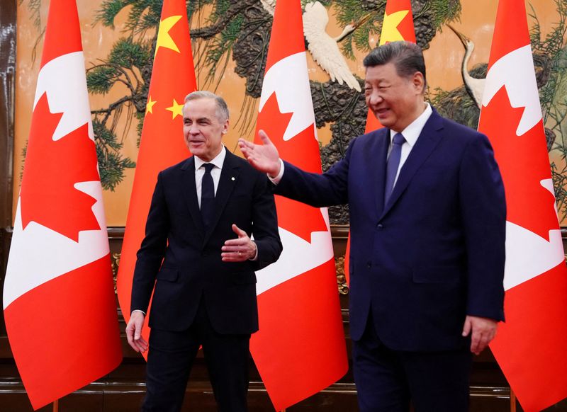 Canadian Prime Minister Mark Carney meets with President of China Xi Jinping at the Great Hall of the People in Beijing, China on Friday, Jan. 16, 2026.  Sean Kilpatrick/Pool via REUTERS/File Photo