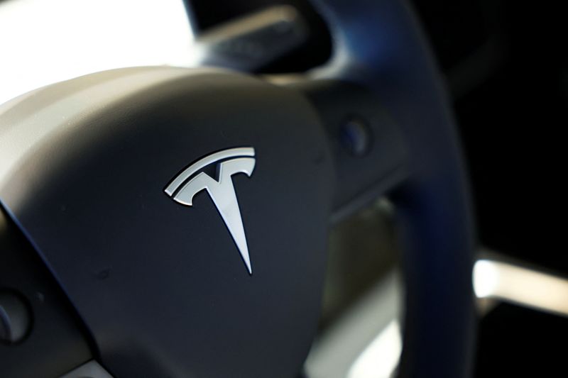 Tesla logo is seen on the steering wheel of an electric vehicle at a dealership in Durango, northern Spain, October 30, 2023. REUTERS/Vincent West
