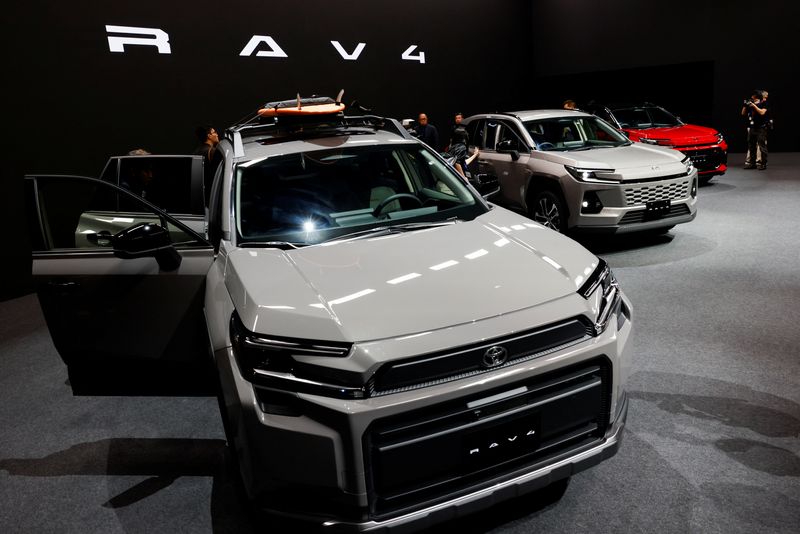 Toyota Motor's all-new RAV4 SUVs are displayed during its world premiere event in Tokyo, Japan May 21, 2025. REUTERS/Manami Yamada