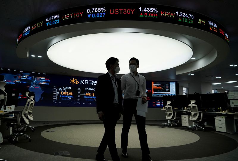 Currency dealers walk past an electronic board showing the Korea Composite Stock Price Index (KOSPI) at a dealing room of a bank in Seoul, South Korea, March 13, 2020.   REUTERS/Kim Hong-Ji