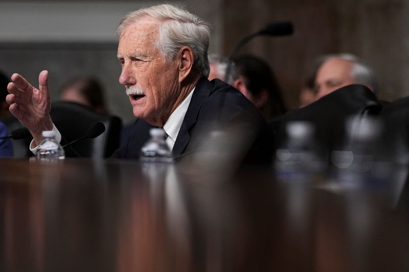 Committee member of the Senate Armed Services Committee, U.S. Senator Angus S. King Jr. (I-ME), attends a Senate Armed Services Committee hearing on U.S. President Donald Trump's FY2027 budget request for the Department of Defense on Capitol Hill in Washington, D.C., U.S., April 30, 2026. REUTERS/Ken Cedeno