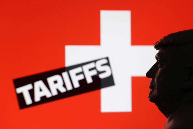 A 3D-printed miniature model of U.S. President Donald Trump, the Switzerland flag and the word "Tariffs" are seen in this illustration taken July 23, 2025. REUTERS/Dado Ruvic/Illustration