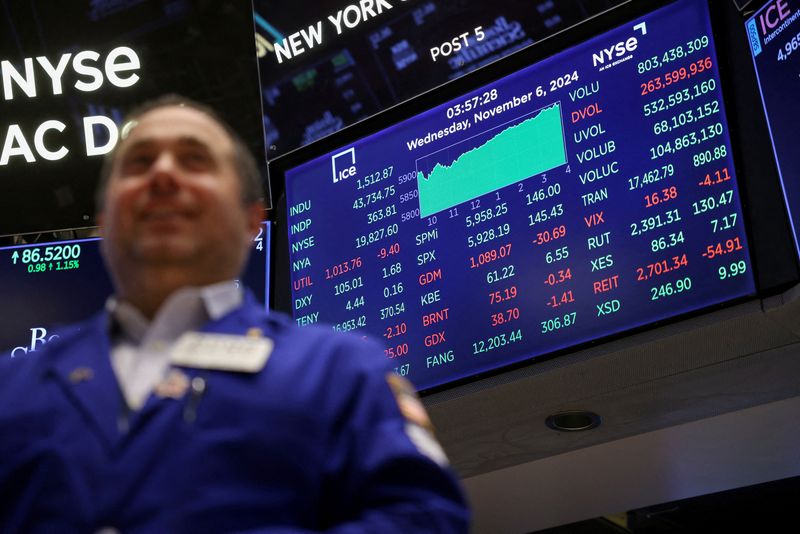 FILE PHOTO: A trader reacts at the New York Stock Exchange under a screen showing the Dow Jones Industrial Average (DJI), at the end of the trading day, in New York City, U.S., November 6, 2024. REUTERS/Andrew Kelly/File Photo