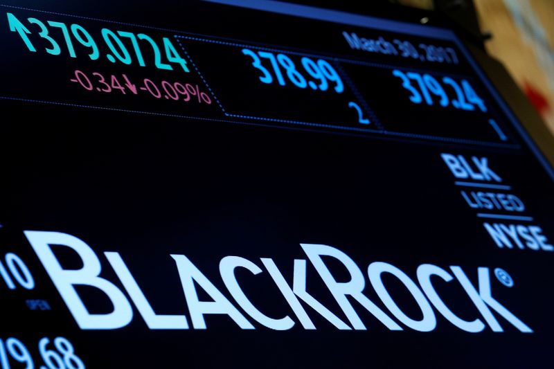 The company logo and trading information for BlackRock is displayed on a screen on the floor of the New York Stock Exchange (NYSE) in New York, U.S., March 30, 2017. REUTERS/Brendan McDermid