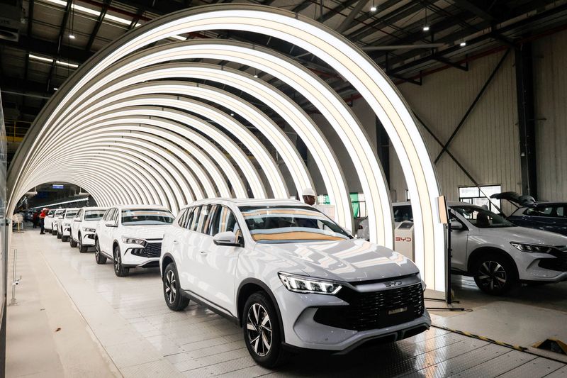BYD vehicles in the production line at the company's new electric vehicle factory at the Industrial Complex in Camacari, Bahia, Brazil, February 3, 2026. REUTERS/Rafael Martins