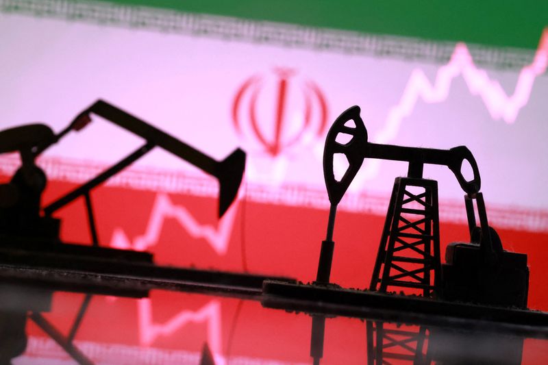 3D-printed oil pump jacks, Iranian flag, and a rising stock graph appear in this illustration taken March 2, 2026. REUTERS/Dado Ruvic/Illustration