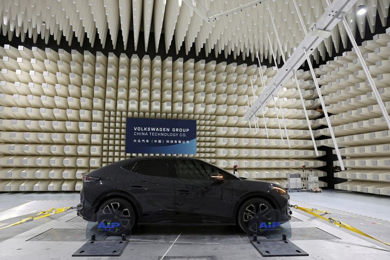 FILE PHOTO: A Volkswagen electric vehicle (EV) is set up for a test performed as a media demonstration, at the carmaker's electromagnetic compatibility laboratory in Hefei, Anhui province, China, February 4, 2026. REUTERS/Florence Lo/File Photo