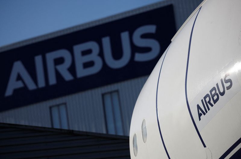 The logo of Airbus is pictured outside the Airbus facility in Saint-Nazaire, France, November 7, 2023. REUTERS/Stephane Mahe