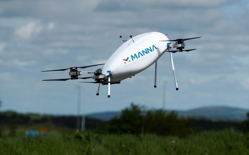 A Manna Aero drone is seen as it delivers essential household and medical supplies in the village of Moneygall, following the coronavirus disease (COVID-19) outbreak, in Ireland May 8, 2020. Picture taken May 8, 2020. REUTERS/Jason Cairnduff