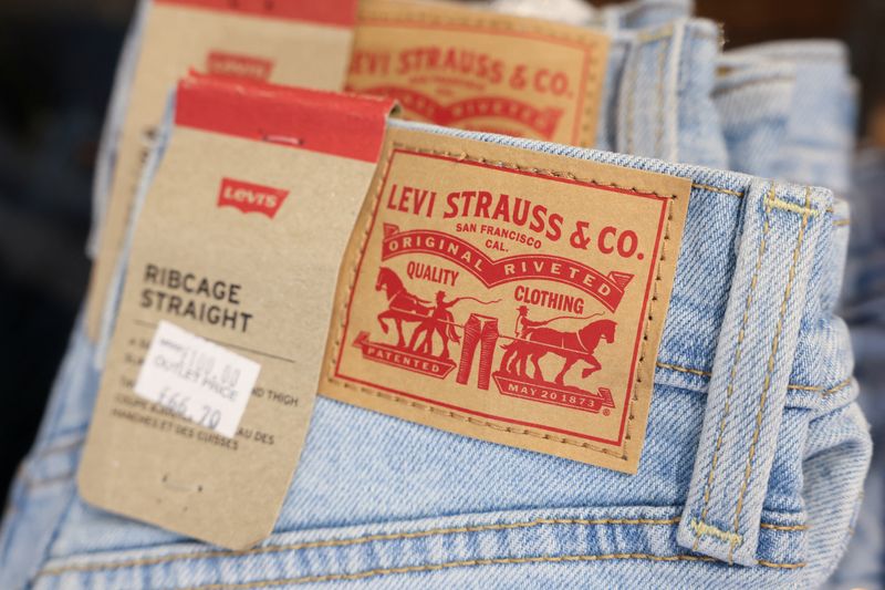 A logo is displayed on a pair of jeans at the Levi’s outlet retail store at Bicester Village in Oxfordshire, Britain, August 21, 2024. REUTERS/Hollie Adams