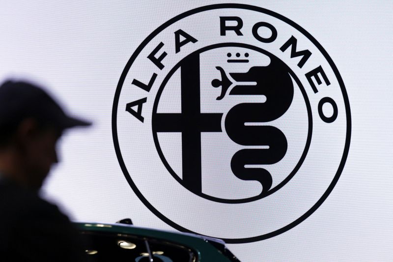 An Alfa Romeo logo is displayed during the New York International Auto Show in New York City, U.S., April 1, 2026. REUTERS/Jeenah Moon