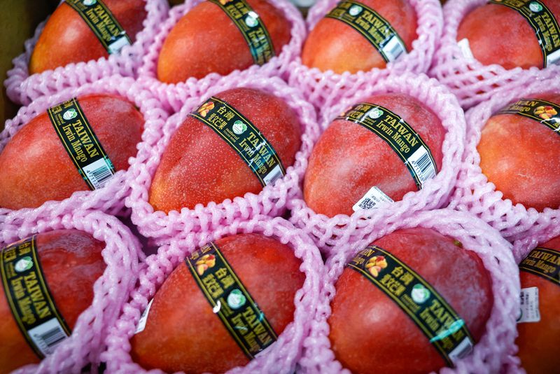 Packaged Taiwanese Irwin mangoes are displayed at a fruit processing facility in Taichung, Taiwan, July 1, 2026. REUTERS/Ann Wang